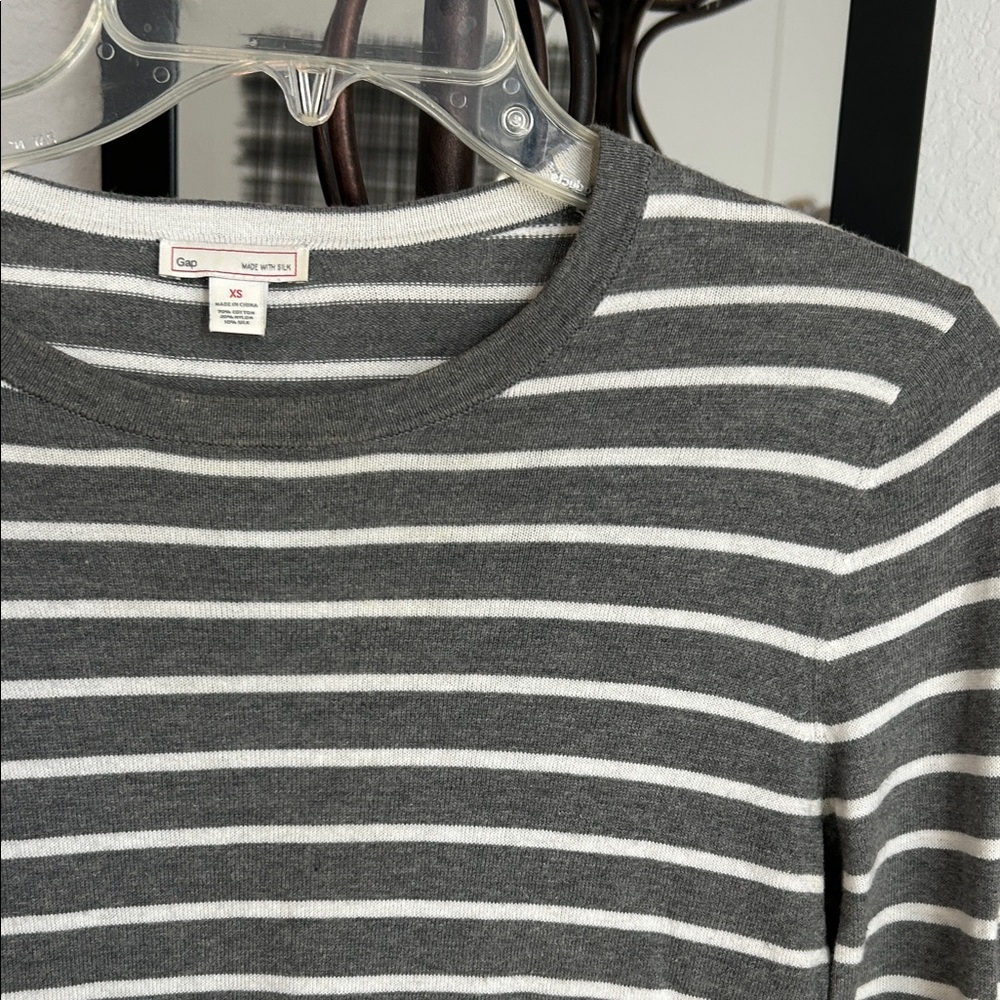 GAP Gray and White Striped Crewneck Sweater
